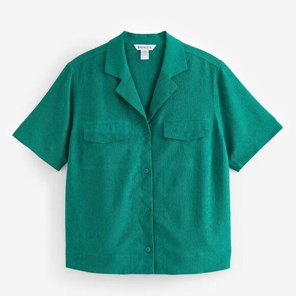 Athleta Echo Top WMNS S Green Striped Button Up Short Sleeve Stretch Breathable - Picture 2 of 10